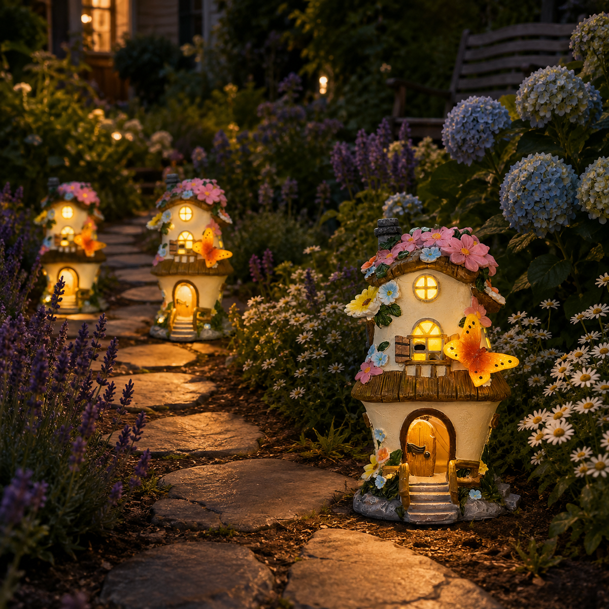Solar Resin Flower Cottage Garden Light with Butterfly Decor
