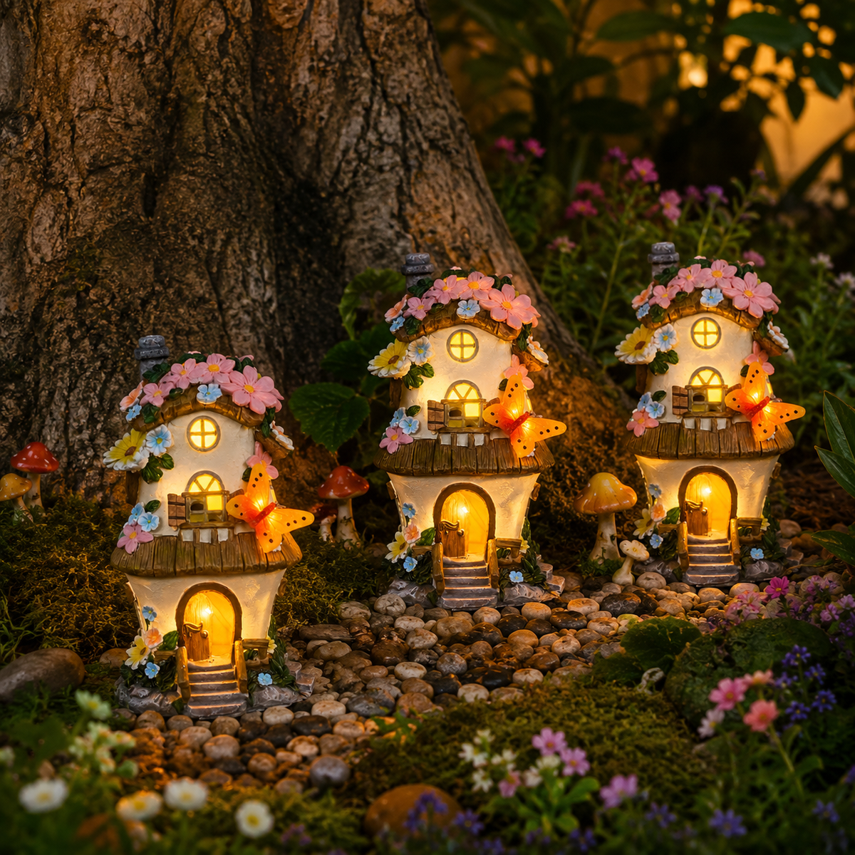 Solar Resin Flower Cottage Garden Light with Butterfly Decor