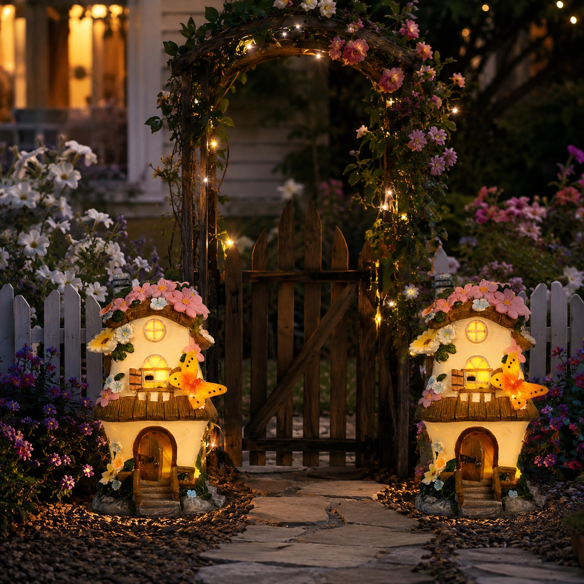 Solar Resin Flower Cottage Garden Light with Butterfly Decor