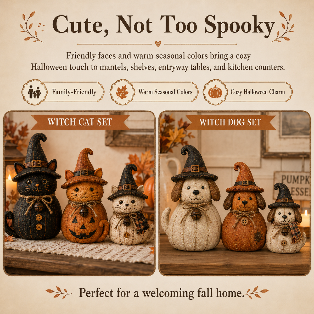 Vintage Witch Cat & Dog Decor Set