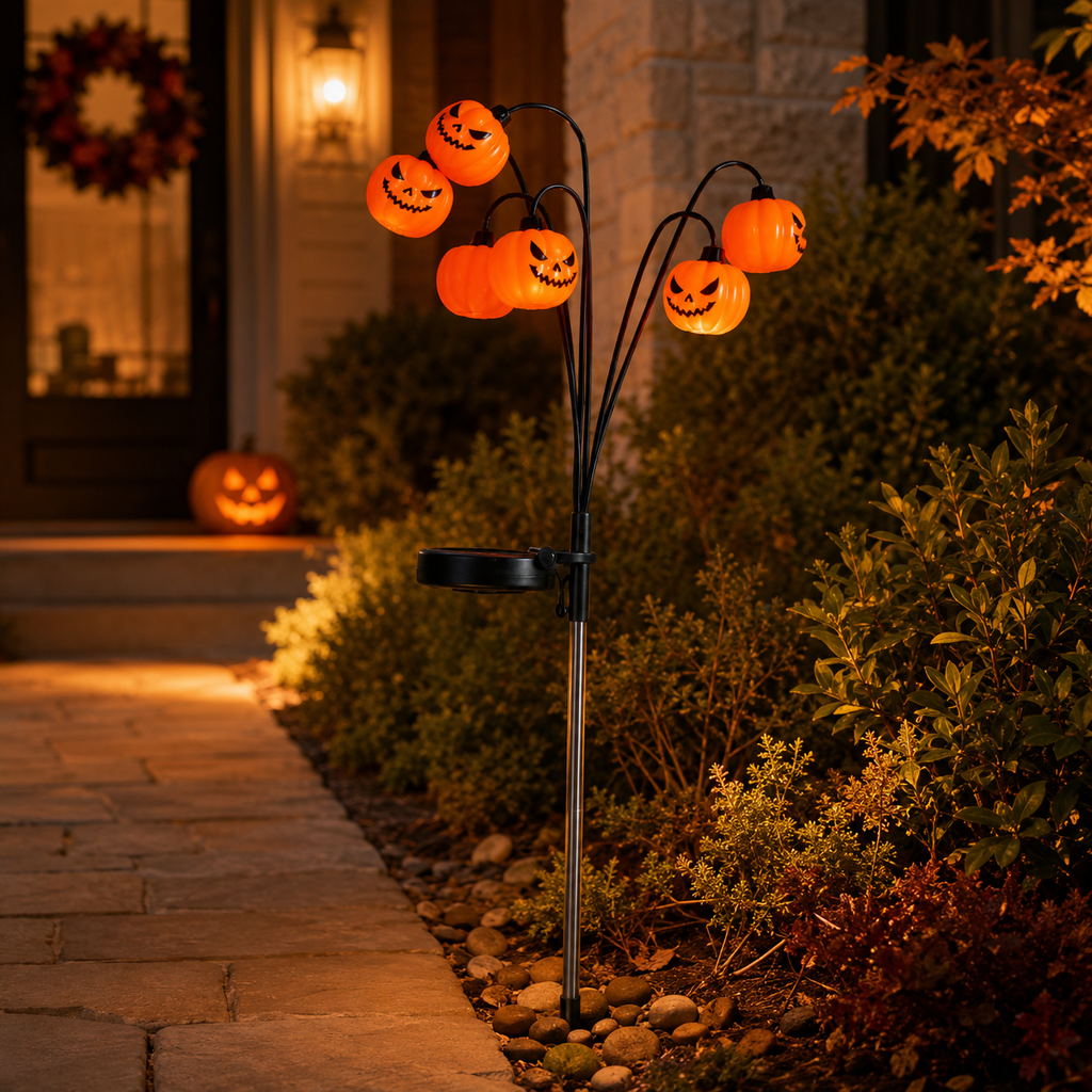 Solar Halloween Pumpkin Garden Stake Light – Warm White Outdoor Jack-O’-Lantern Decor