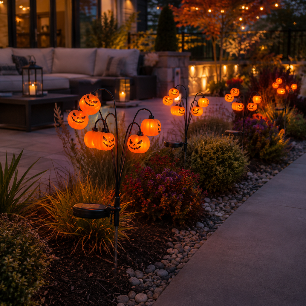 Solar Halloween Pumpkin Garden Stake Light – Warm White Outdoor Jack-O’-Lantern Decor